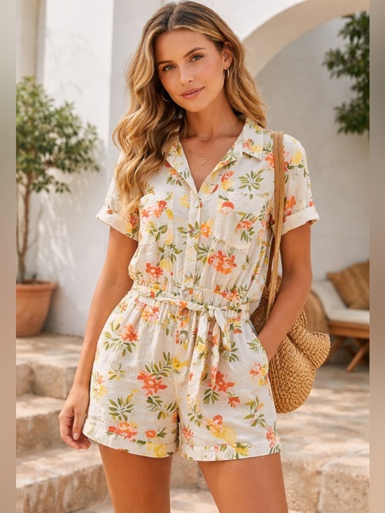 Velvet Heart Pants - Velvet Heart Vintage Lemon Citrus Floral Romper Linen Blend Cottagecore Summer S